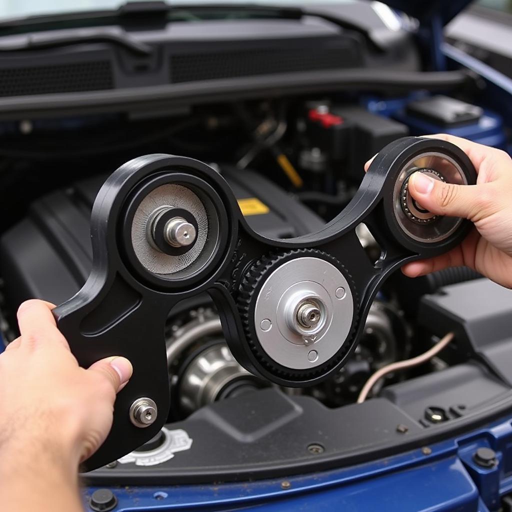 Mechanic using a serpentine belt tool on a European car engine