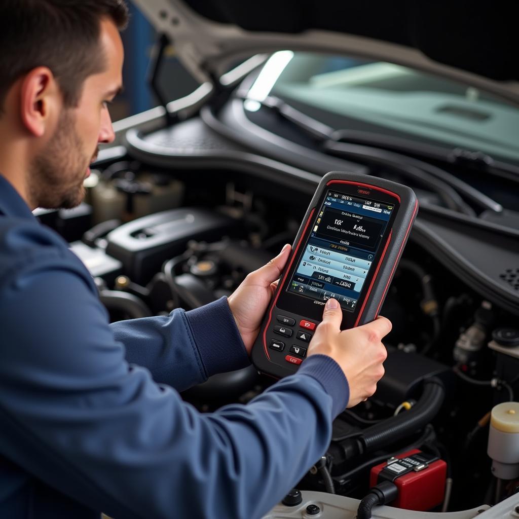 Mechanic Diagnosing a Car with a Snap-on Scanner