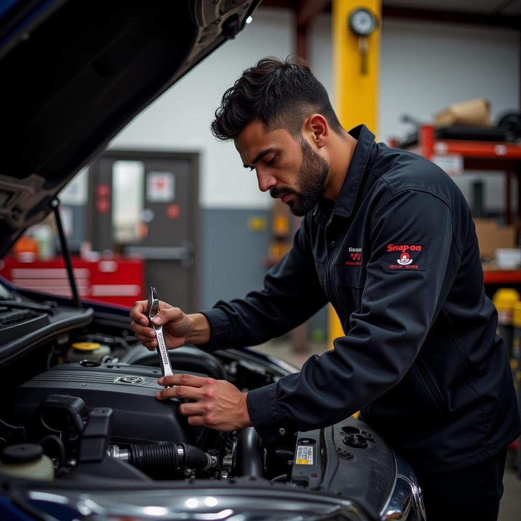 Mechanic using Snap-on tools in a garage