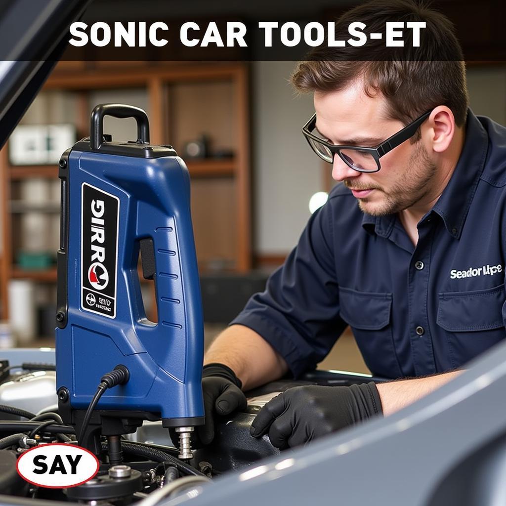 A mechanic carefully uses a sonic tool on a car part.