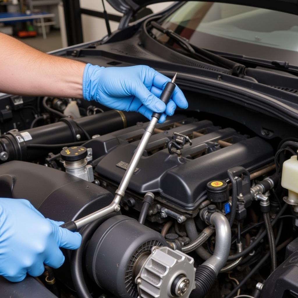 Mechanic Using a Specialized Tool on a Car Engine