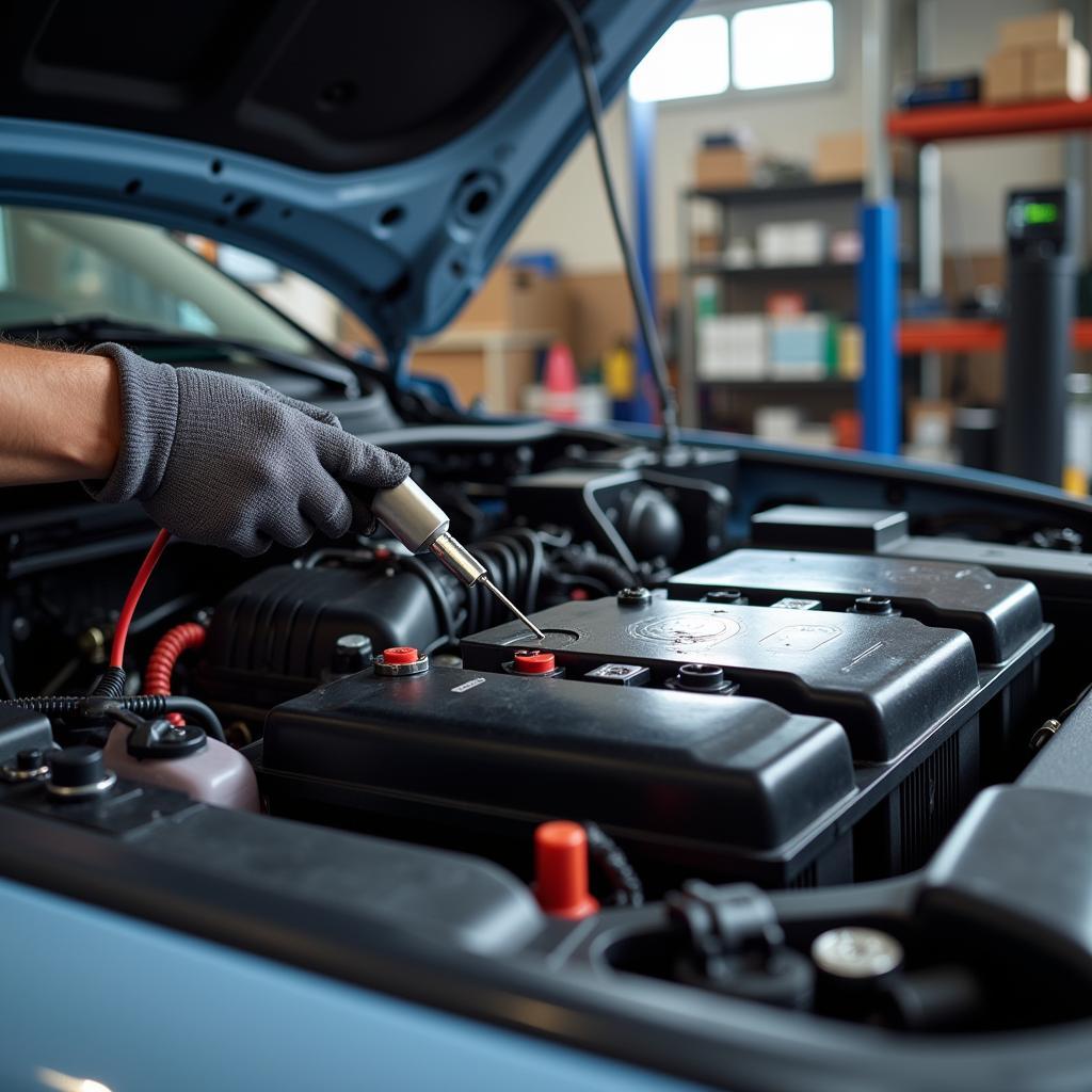 Mechanic Using Specialized Tool on Hybrid Car Battery