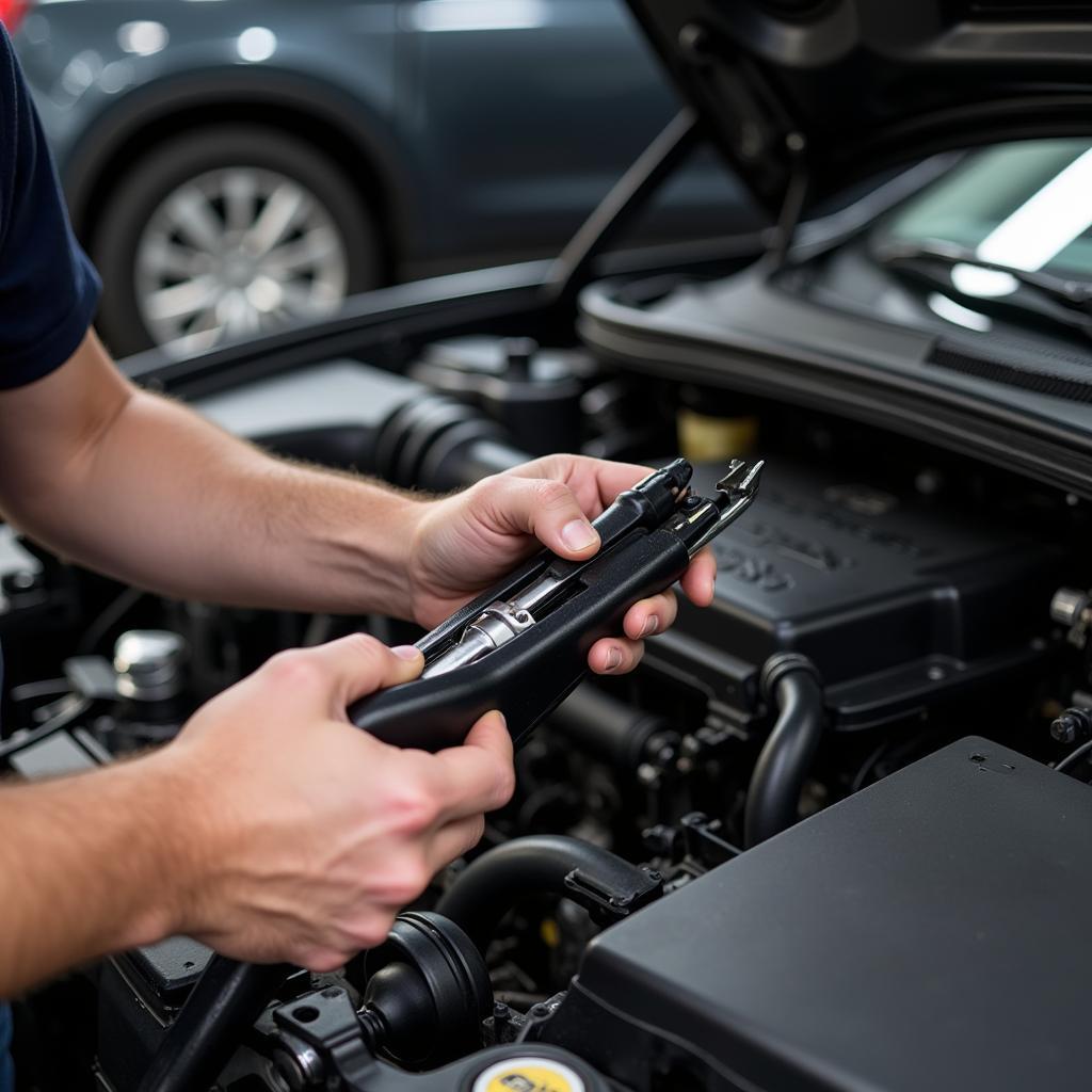 Mechanic Using Specialized Tools on a Rental Car