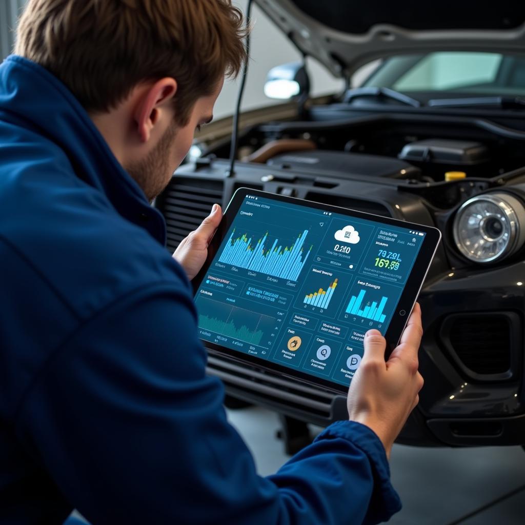 Mechanic Using Tablet for Cloud-Based Car Diagnostics