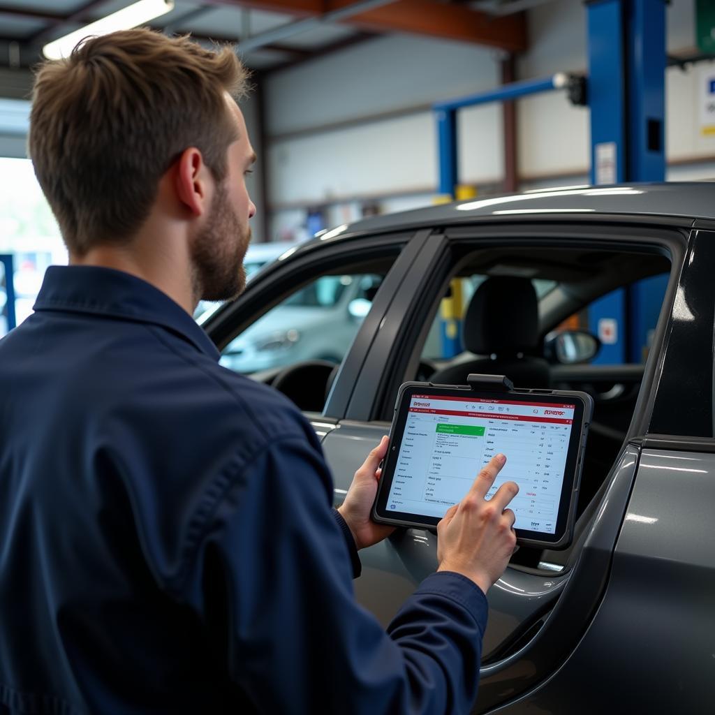 Mechanic Using a Tablet for Wireless Car Diagnostics