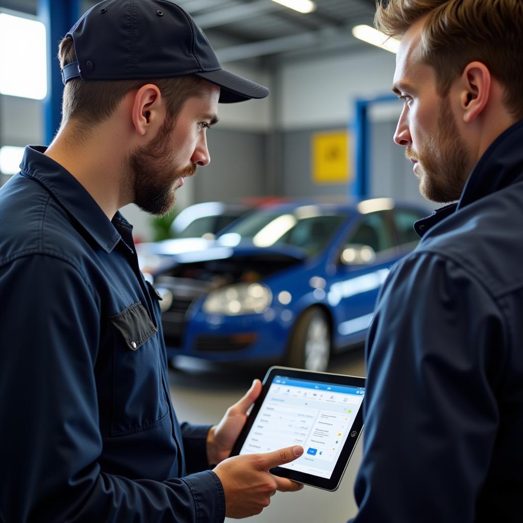 Mechanic Using Tablet with Car Management Software in Garage