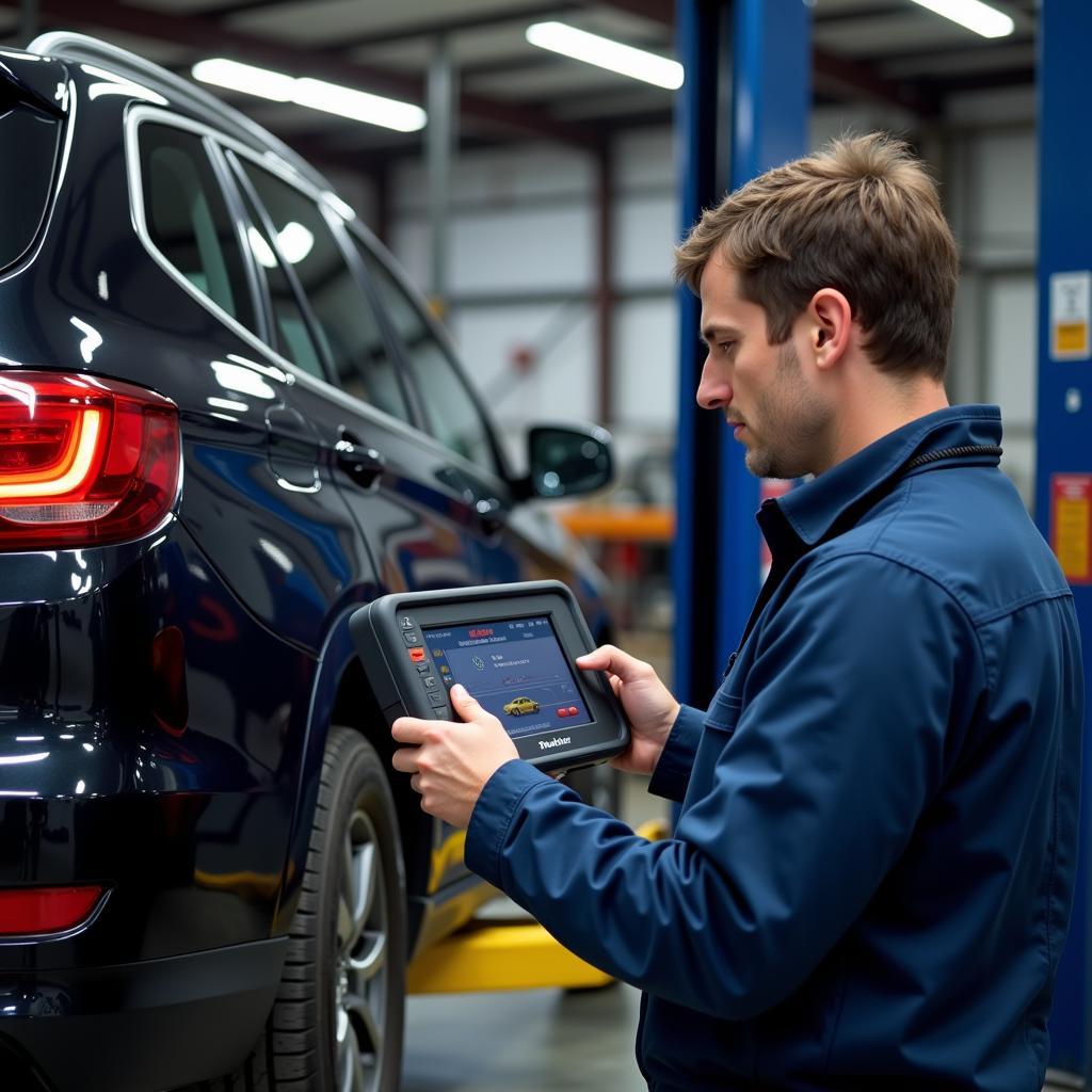 Mechanic Using Thinkcar OBD Scan Tool in Workshop