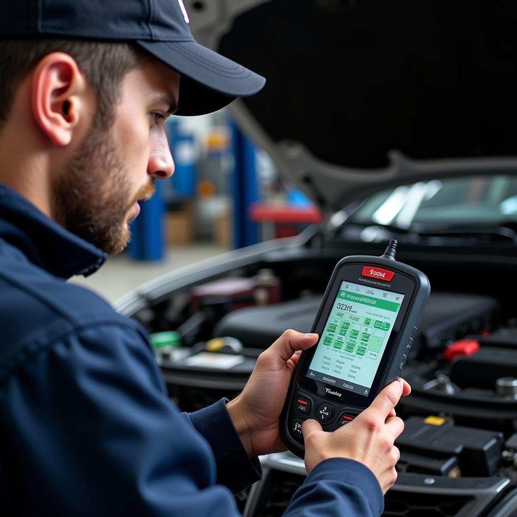 Mechanic Using Tool Wiz Care Diagnostic Scanner