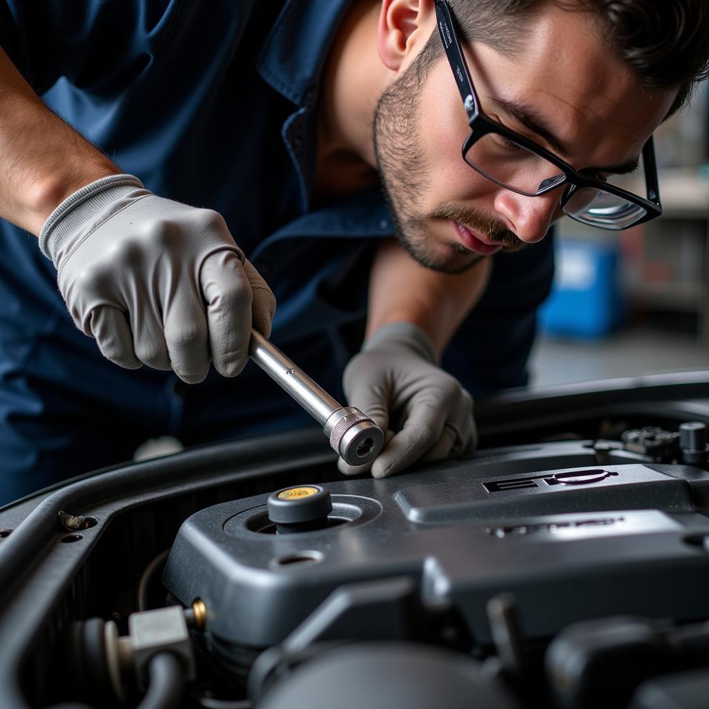 A mechanic using a torque wrench to tighten a bolt on a car engine.