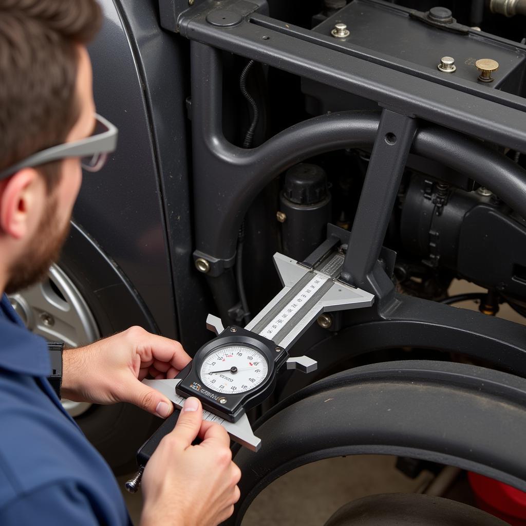 Mechanic Using Tram Gauge for Frame Alignment