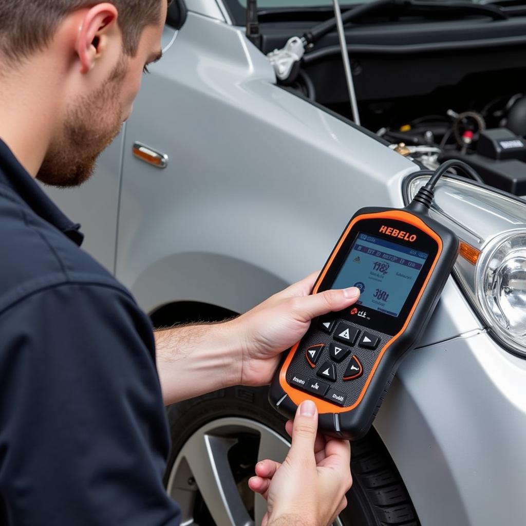 Mechanic using a U281 OBD2 scanner on a car