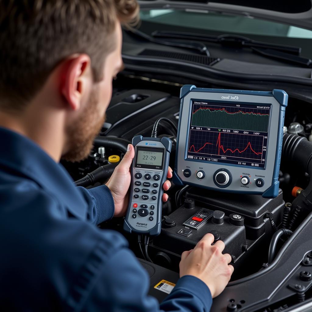 Mechanic Using Vibration Analyzer on Engine