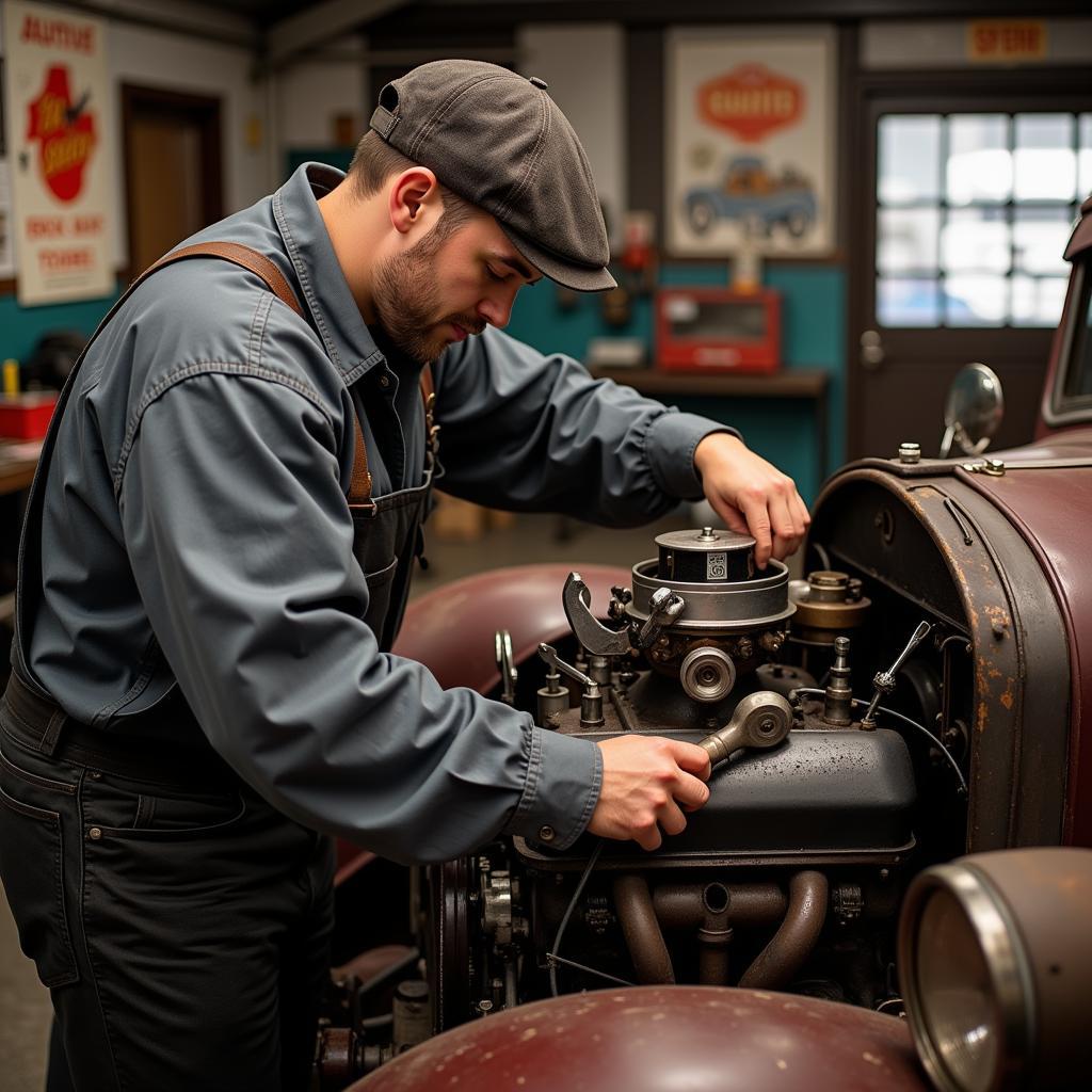 A mechanic working on a classic car engine using a set of vintage tools.