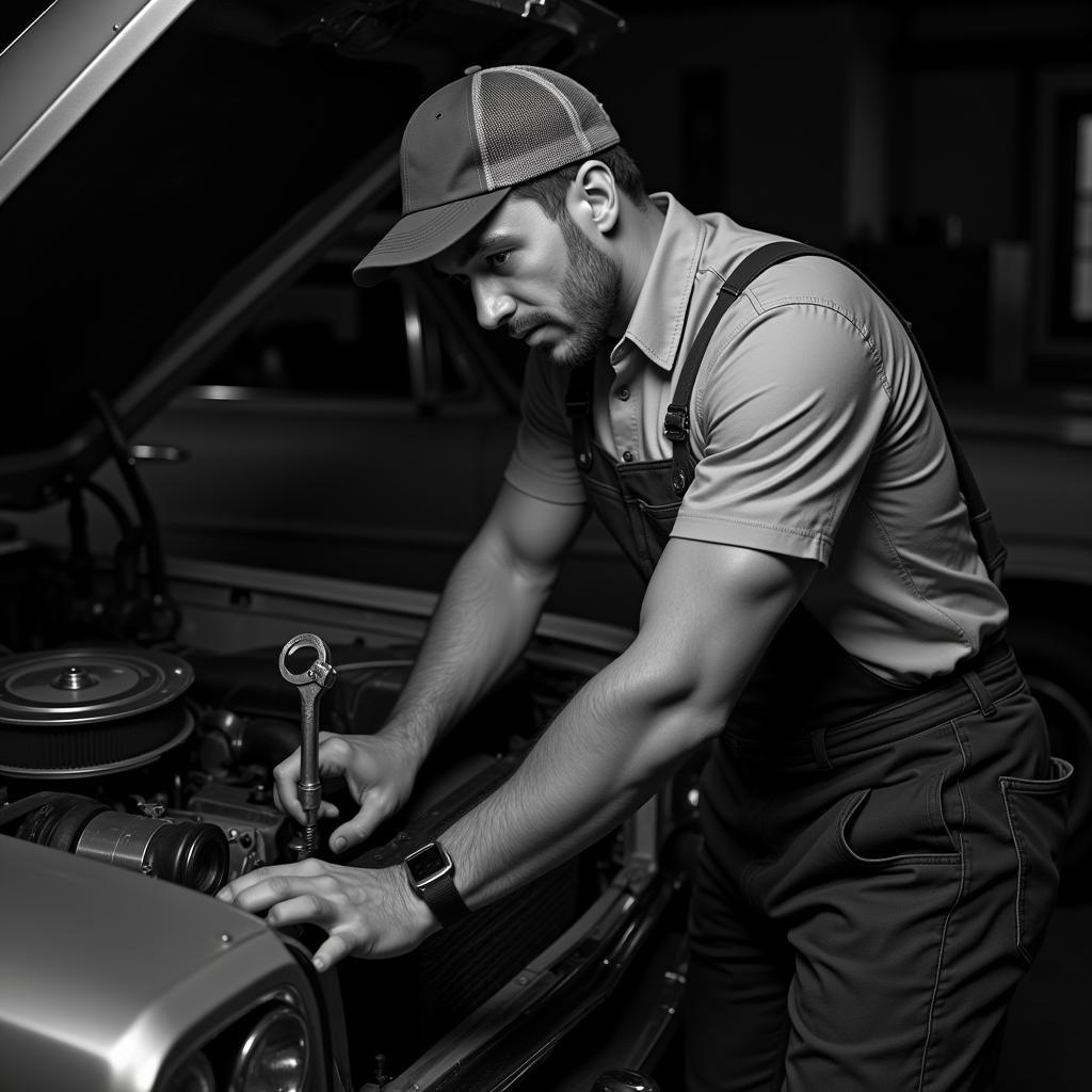 Mechanic Using Vintage Tools on a Classic Car Engine