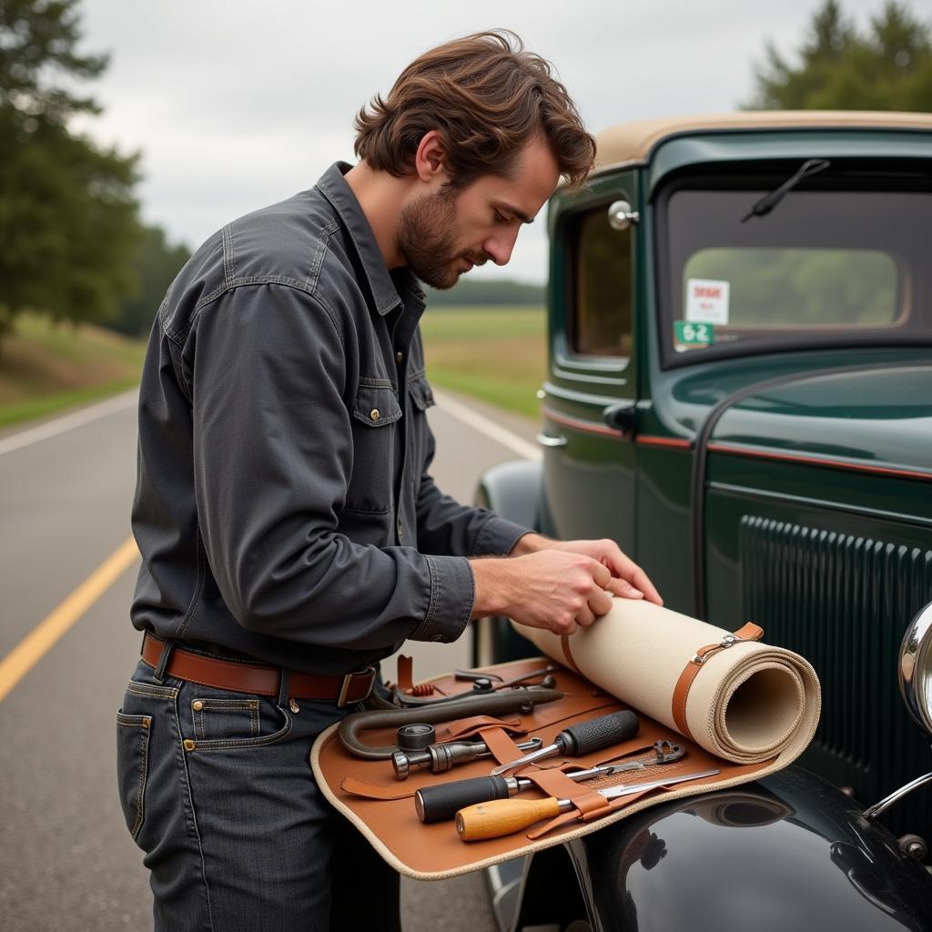 Mechanic Using Vintage Tools for Roadside Repair