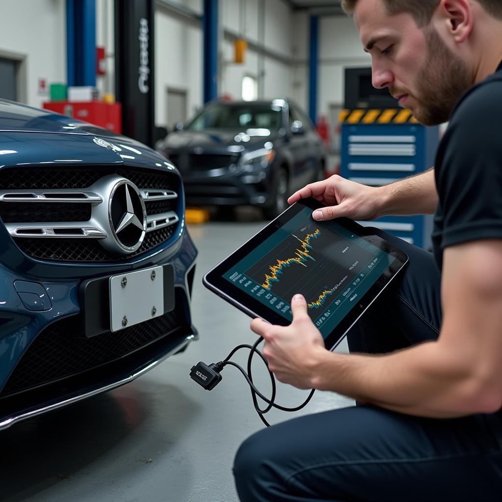 Mechanic Using Wifi Diagnostic Tool on a Mercedes-Benz