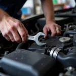 Mechanic Working on a Car Engine with a Wrench