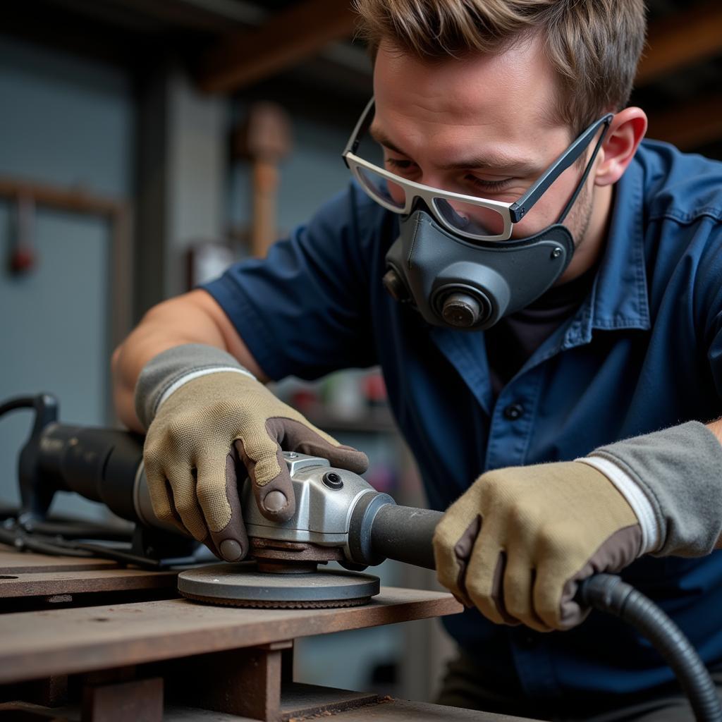 Mechanic Using Cut-Off Wheel with Safety Gear