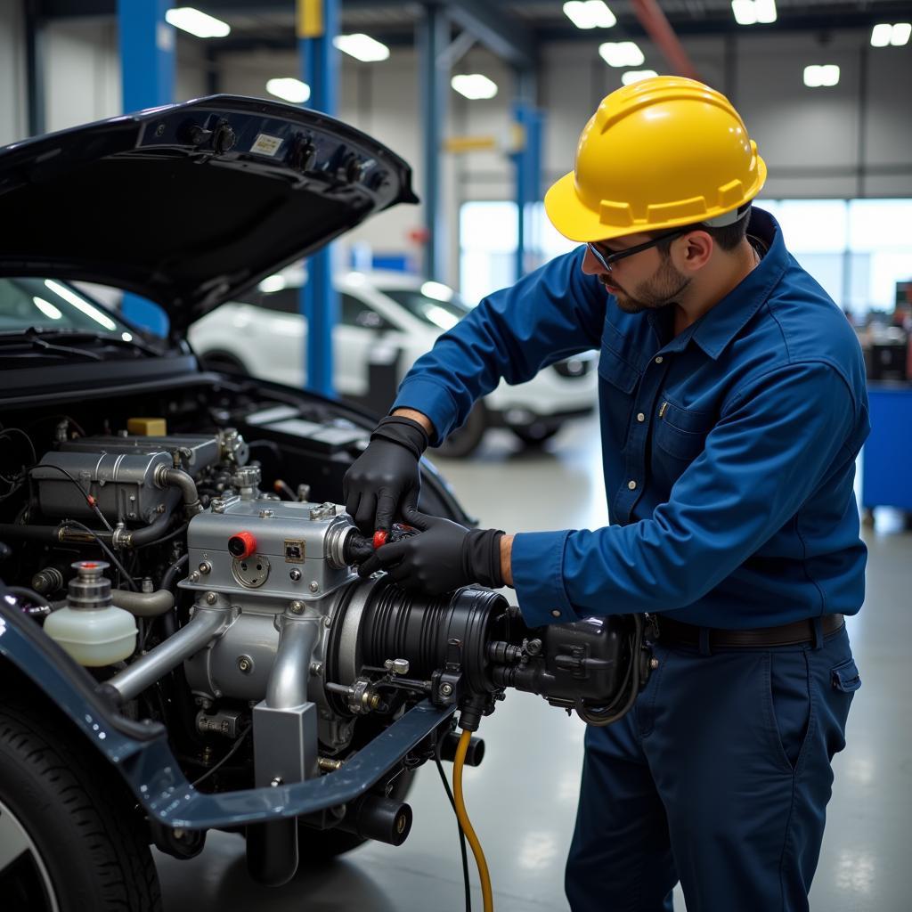 Mechanic Working on an Electric Vehicle Powertrain