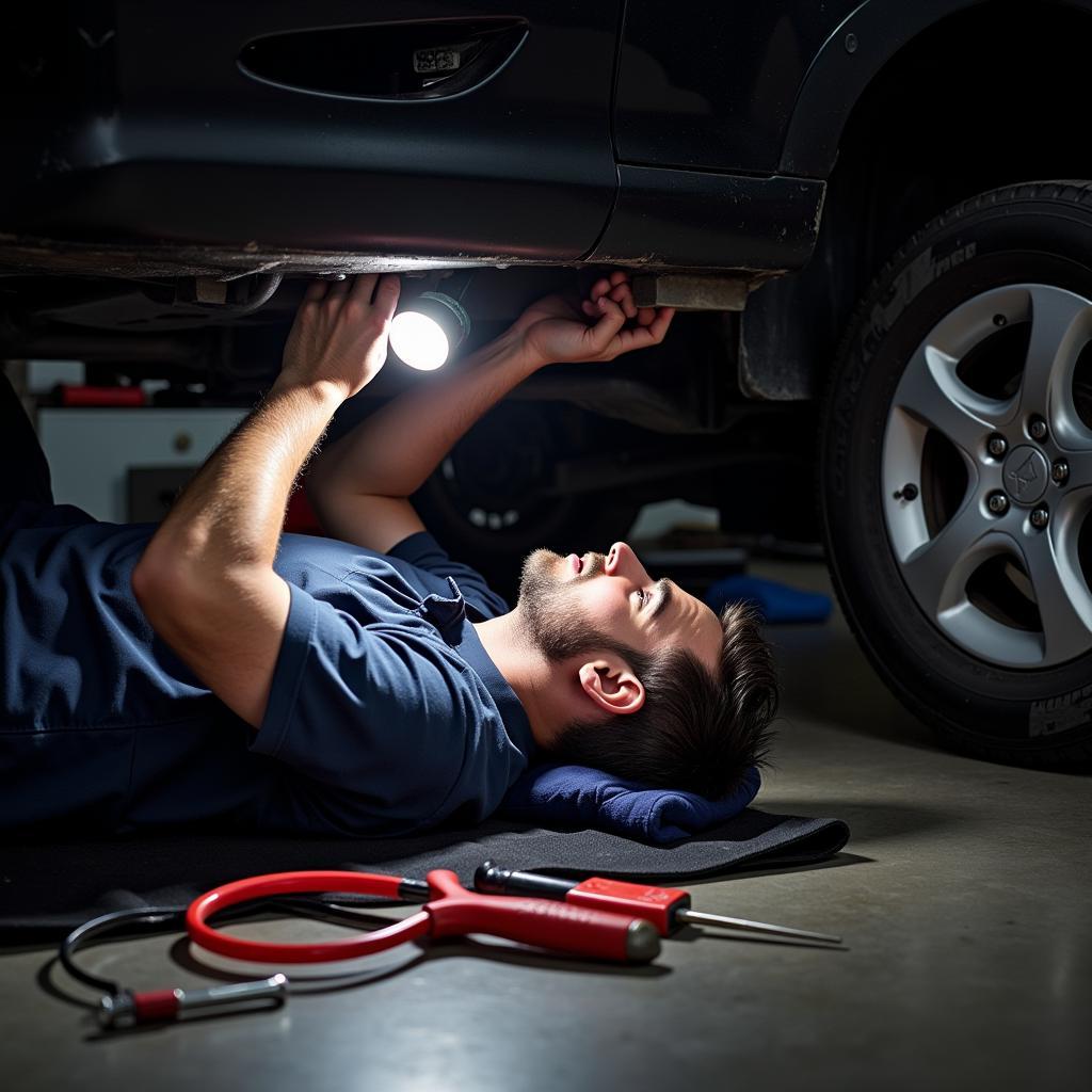 Mechanic Working Under a Car with Professional Tools