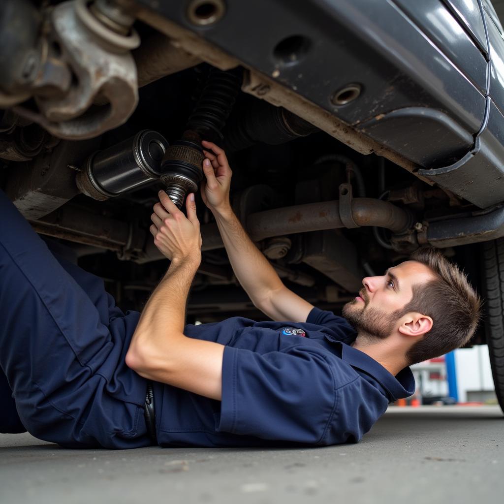 Mechanic Using Tools to Repair Undercarriage Damage