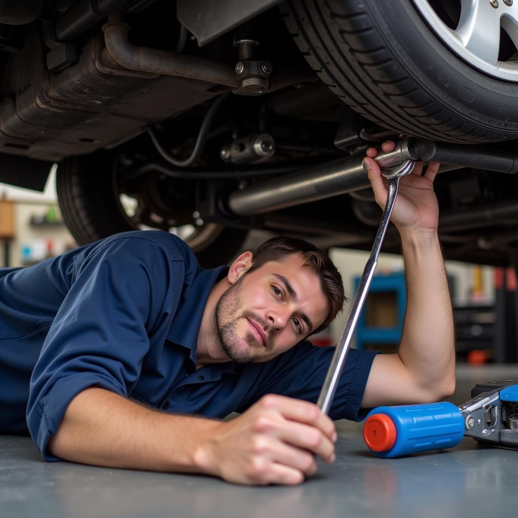 Mechanic Working Under a Car Using a Wrench