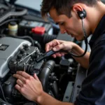 Mechanic's Stethoscope Examining Engine Block