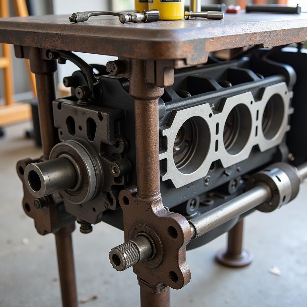 Metal Table Constructed from Repurposed Car Parts and Tools