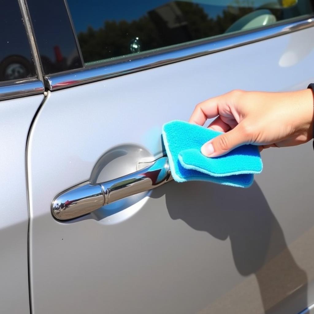 Microfiber applicator waxing a car door handle