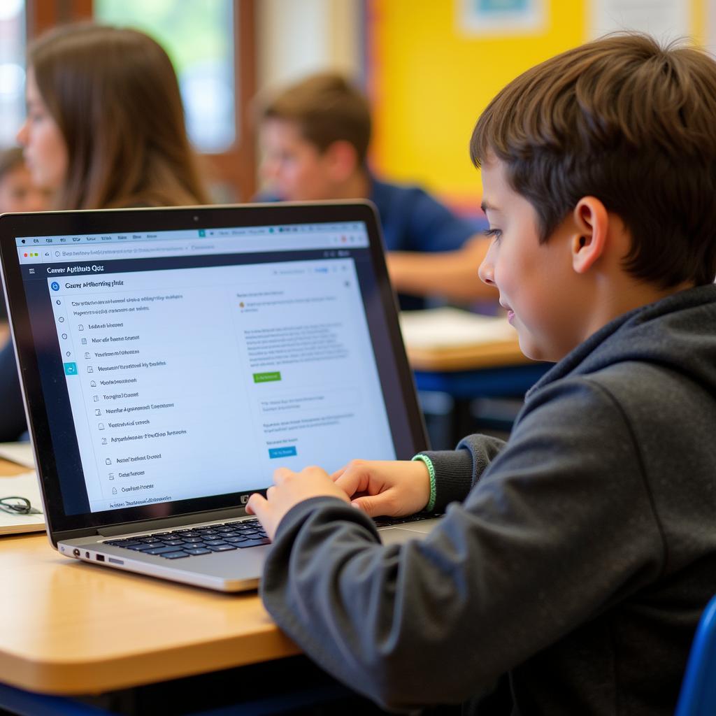 Middle School Student Taking a Career Quiz on a Laptop