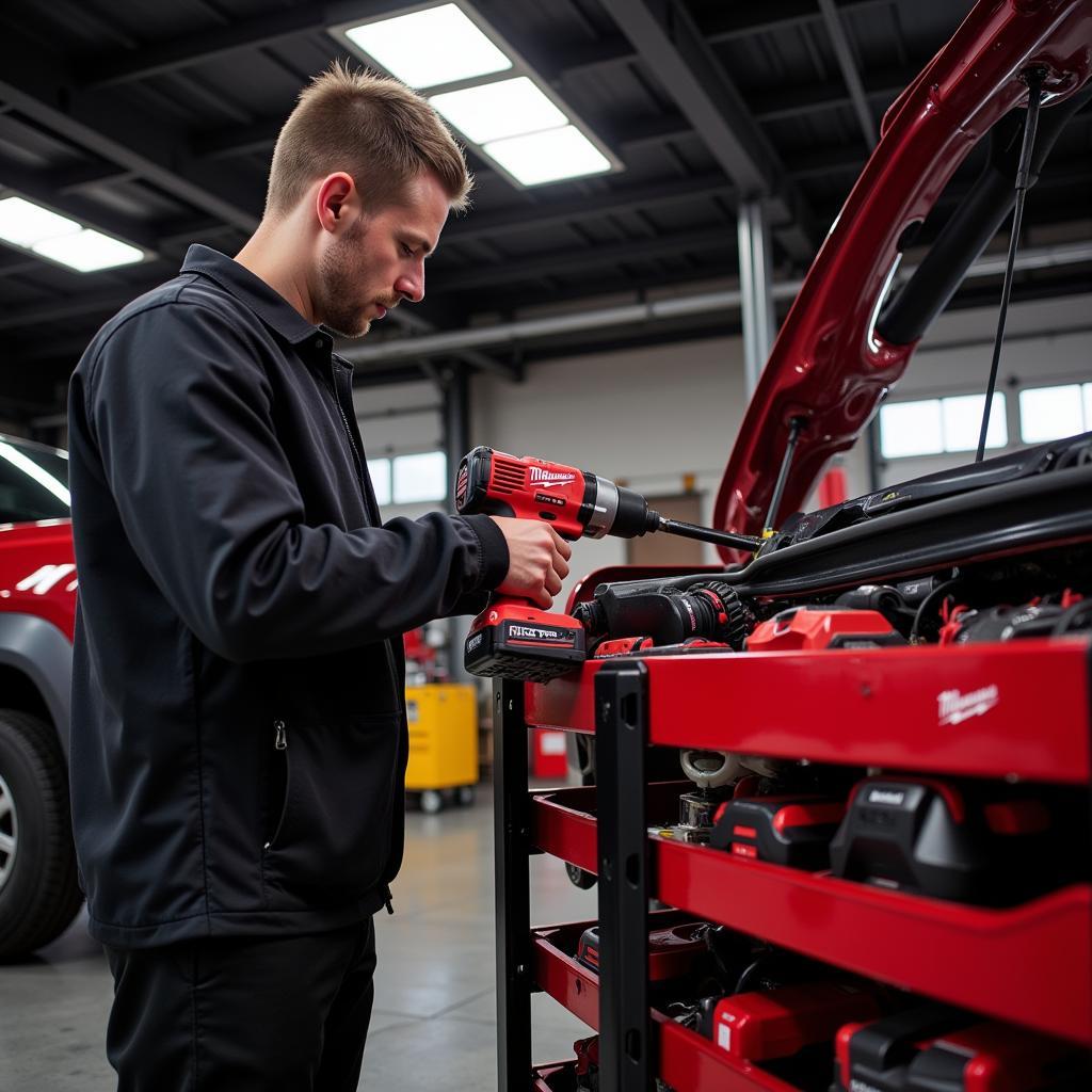 Automotive technician using Milwaukee tools in a repair shop