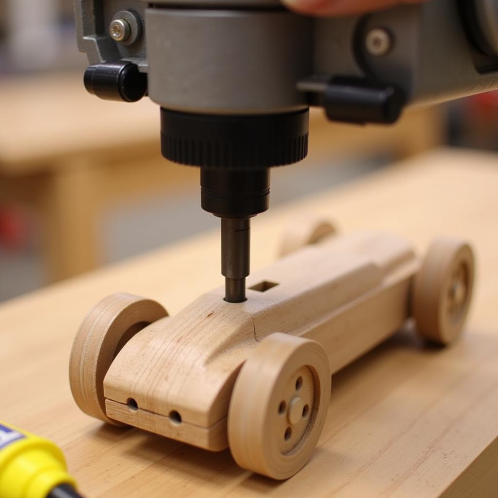 Using a mini drill press for accurate axle alignment in a pinewood derby car