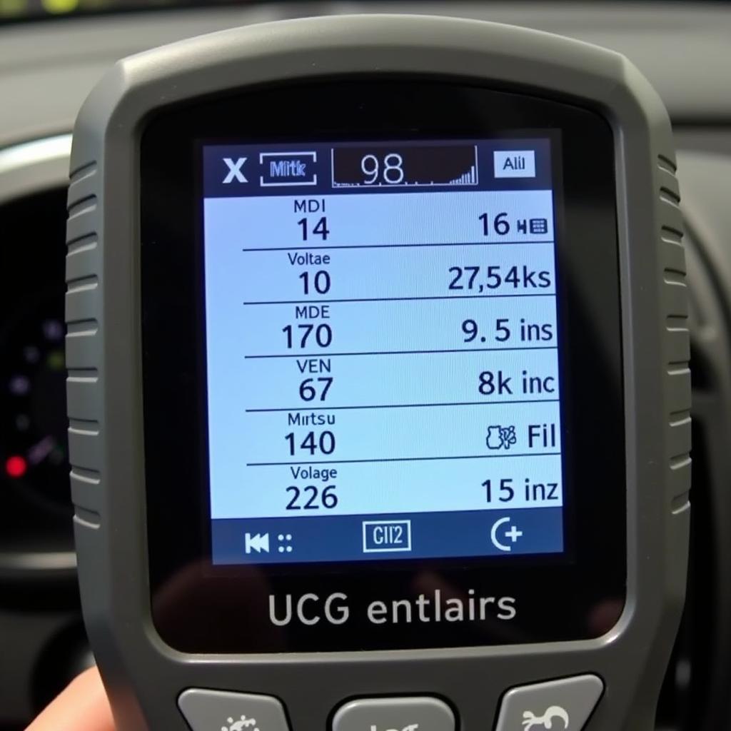 A mobile diagnostic tool is displaying detailed information about the hybrid car's battery health.