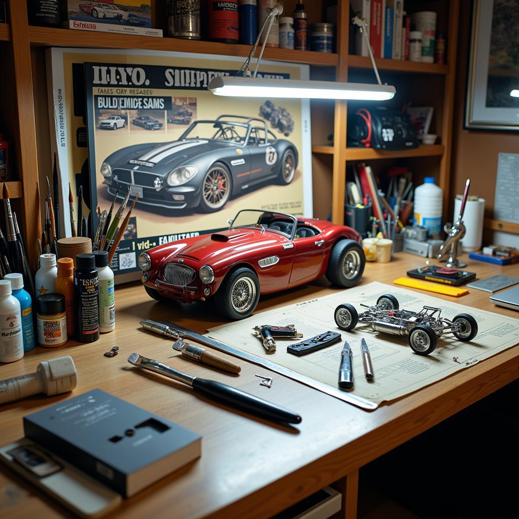 Model Car Building Workspace with Kit, Tools, and Paint