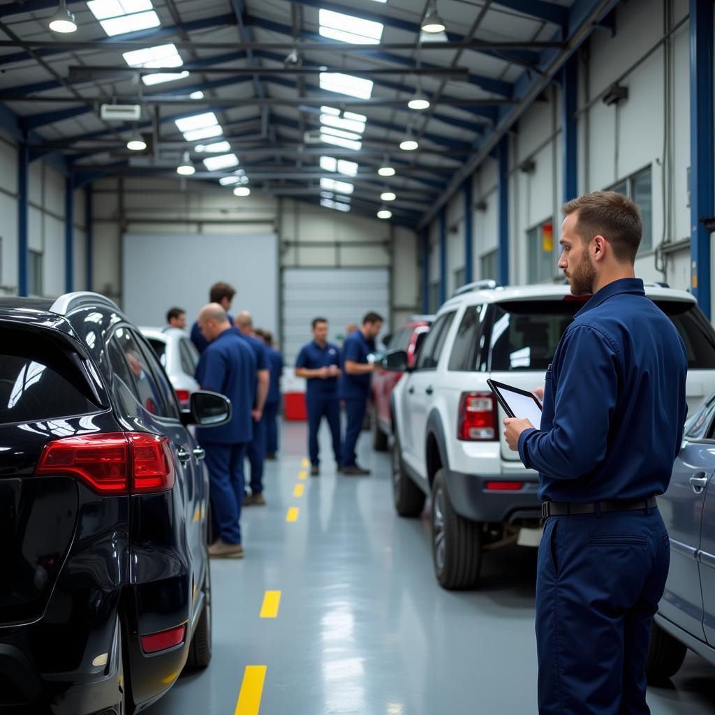 Modern Car Diagnostic Technology being Used in a Busy Workshop