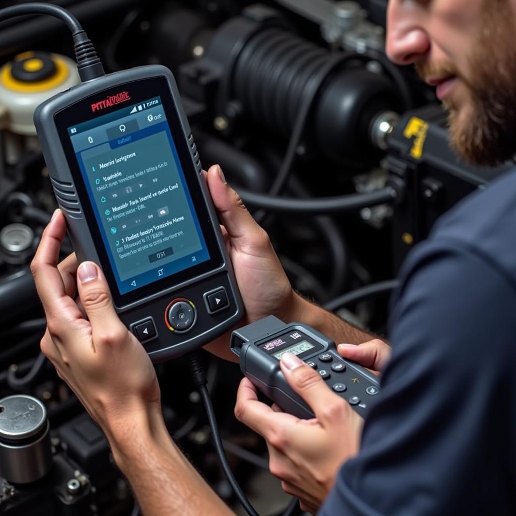 A mechanic using an OBD-II scanner to diagnose a car's engine control unit (ECU).