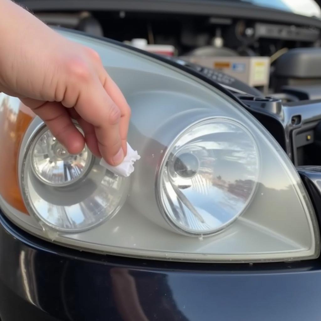 Mother Using Toothpaste on Car Headlight