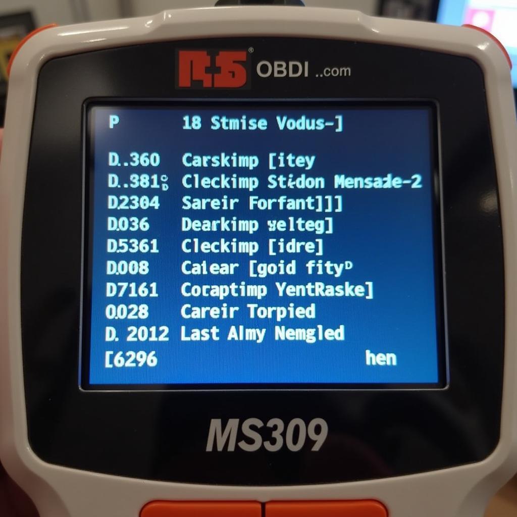 MS309 OBDII scanner displaying diagnostic trouble codes on screen.