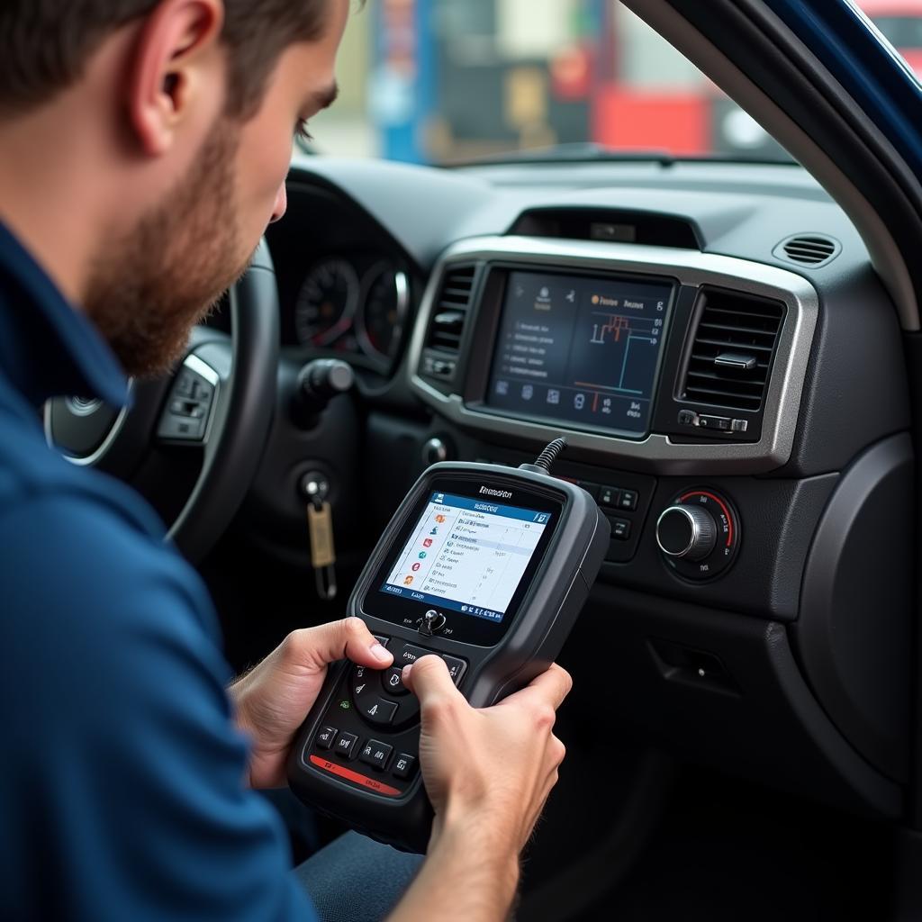 Mechanic using a multi-car scanner tool to diagnose a vehicle.