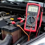 Multimeter checking for a parasitic draw on a car battery