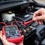 Testing a car battery with a multimeter.