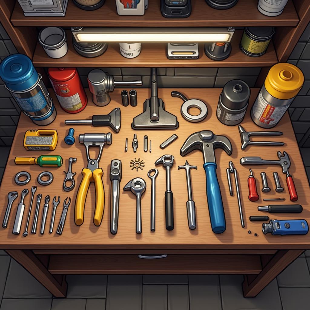 My Summer Car Organized Workspace: Demonstrating an efficiently organized workspace with all tools neatly arranged and easily accessible.