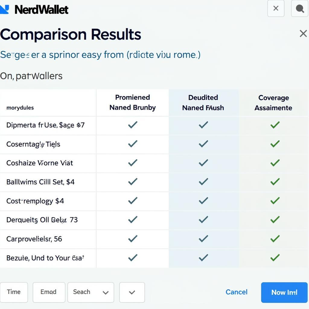 NerdWallet Car Insurance Comparison Results: Displaying a side-by-side comparison of car insurance quotes from different providers, highlighting key factors like premiums, deductibles, and coverage limits.