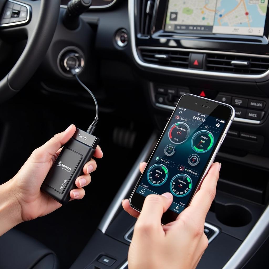 A new car diagnostic tool with Bluetooth connected to the OBD2 port of a car, displaying real-time data on a smartphone.