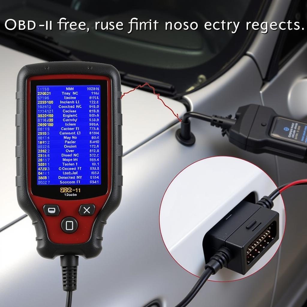 OBD-11 car scanner tool connected to a car's OBD-II port, displaying diagnostic information on its screen.