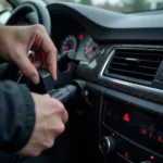 Car thief using an OBD-II port reprogrammer to steal a car