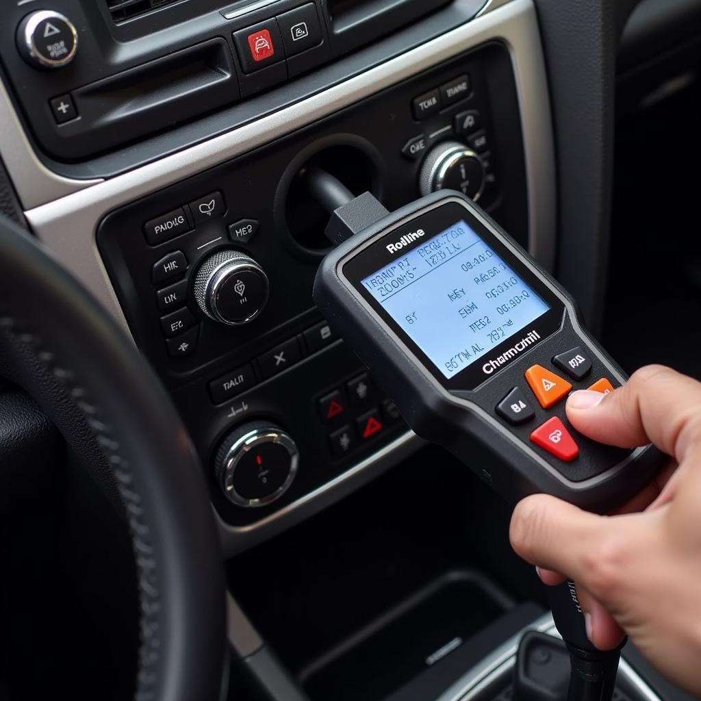 An OBD-II scanner connected to a car's diagnostic port.