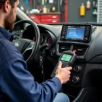 Technician using an OBD-II scanner to diagnose a car