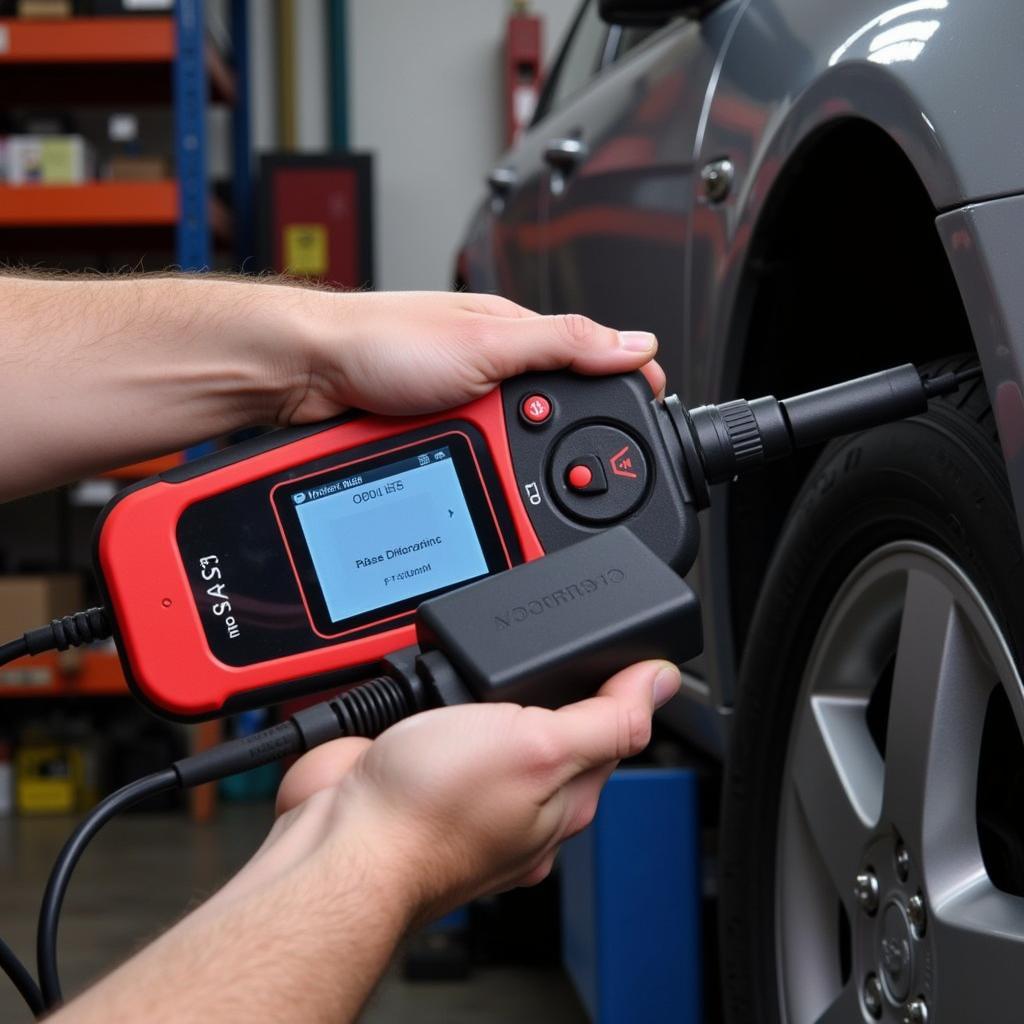 OBD-II Scanner in Use Image: A mechanic using an OBD-II scanner on a car, showing the diagnostic port connection and the scanner's display.