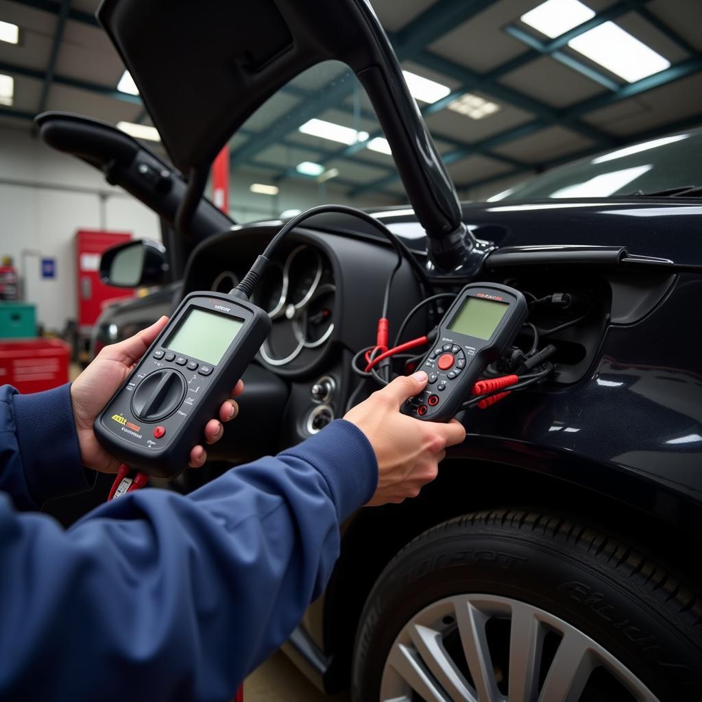 OBD-II Scanner and Digital Multimeter in Use